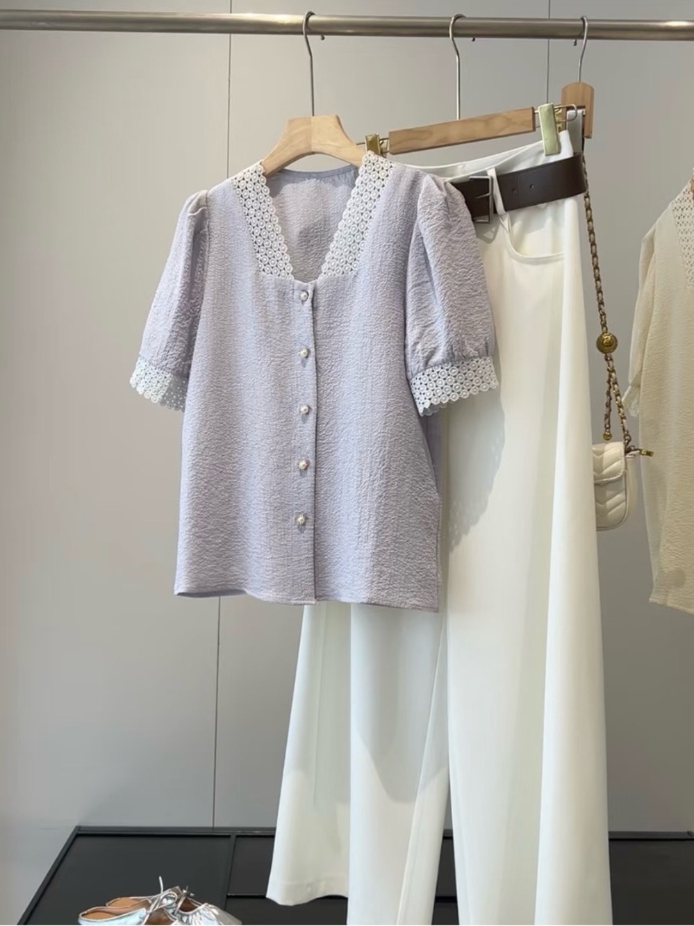 Elegant Lavender Button-Front Short Sleeve Top with Crochet Trim